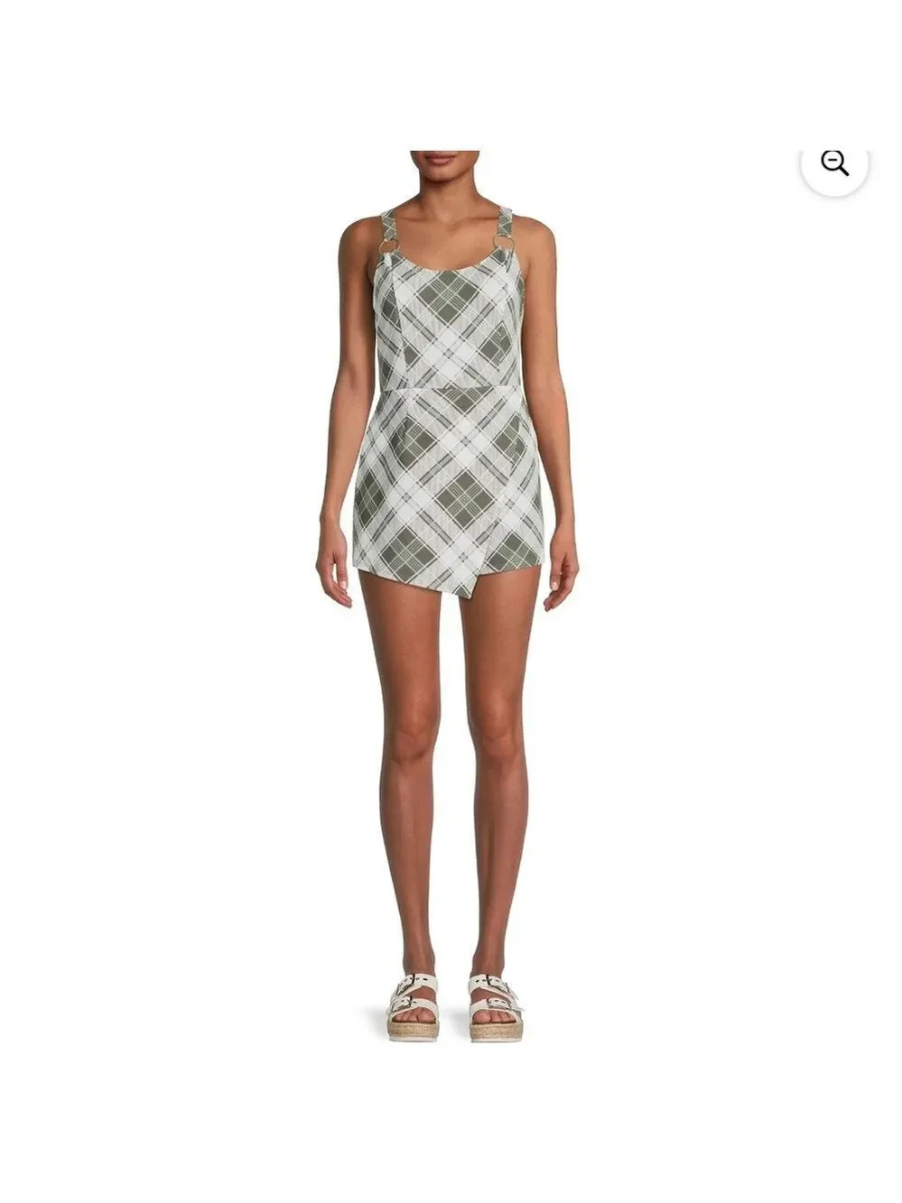 No Boundaries Junior’s Plaid Romper Green/White Size Large